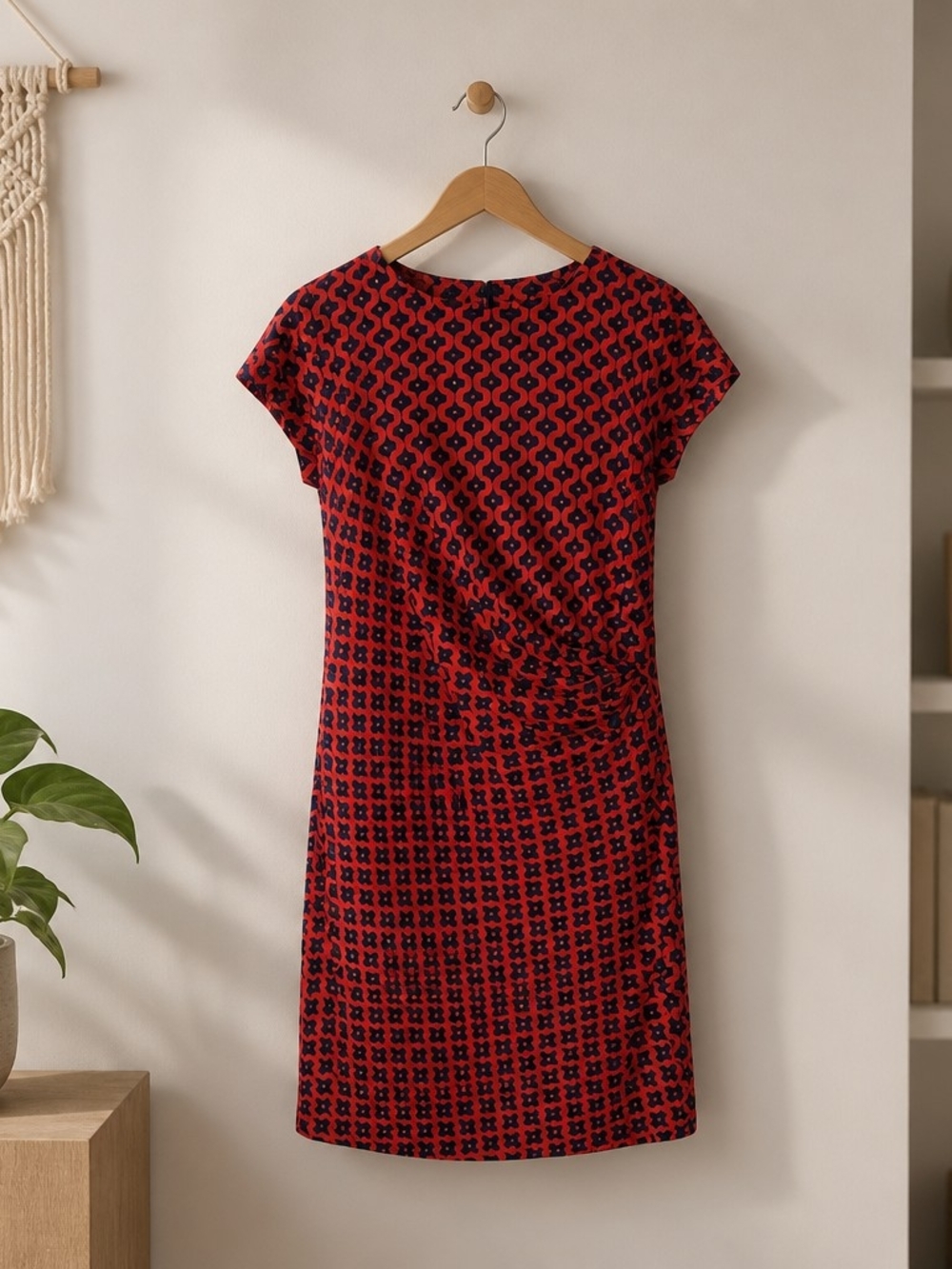 Red and Navy Patterned Cap-Sleeve Dress